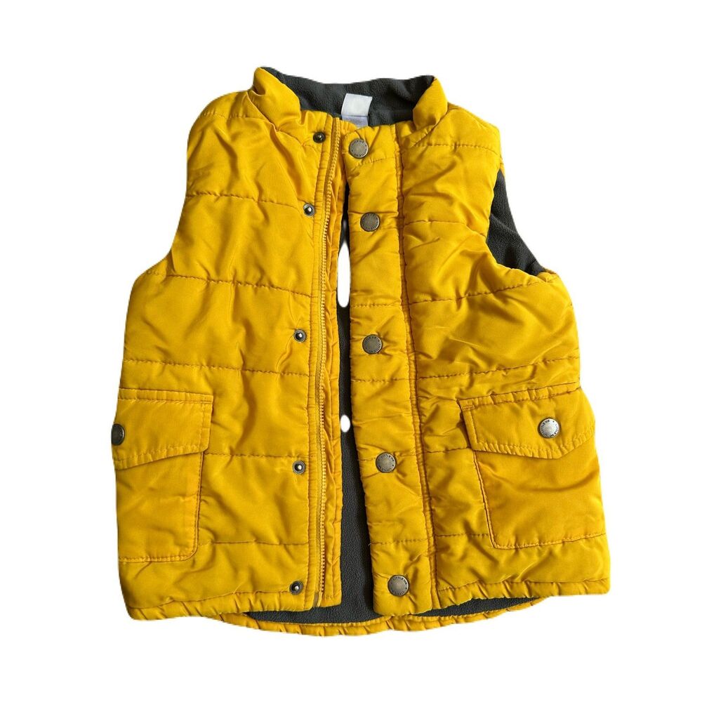 Little Me Toddler 3T Yellow Puffer Vest Gray Flannel Lining Zip Snap Closure